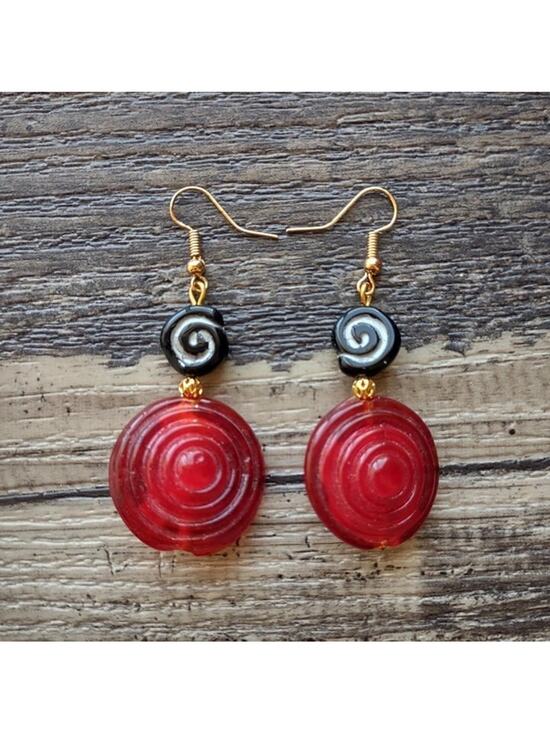 unknown Jewelry - Handmade Large Red Ripple Disc and Black Spiral Glass Bead Gold Tone Earrings
